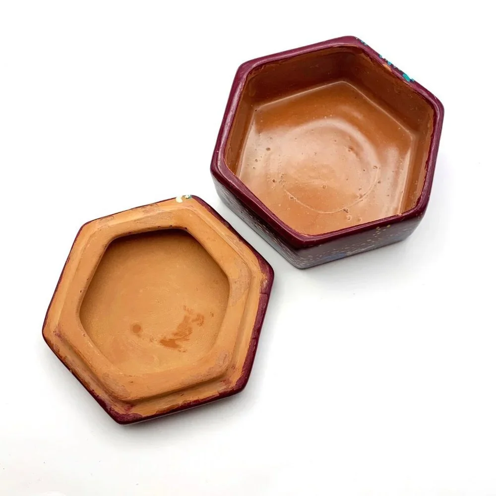 Small Butterfly & Floral Patterned Red Clay Pottery Hexagon Trinket Box With Lid